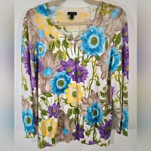 Talbots Vibrant Floral Button Front Cardigan Sweater Fairycore Whimsical, Large